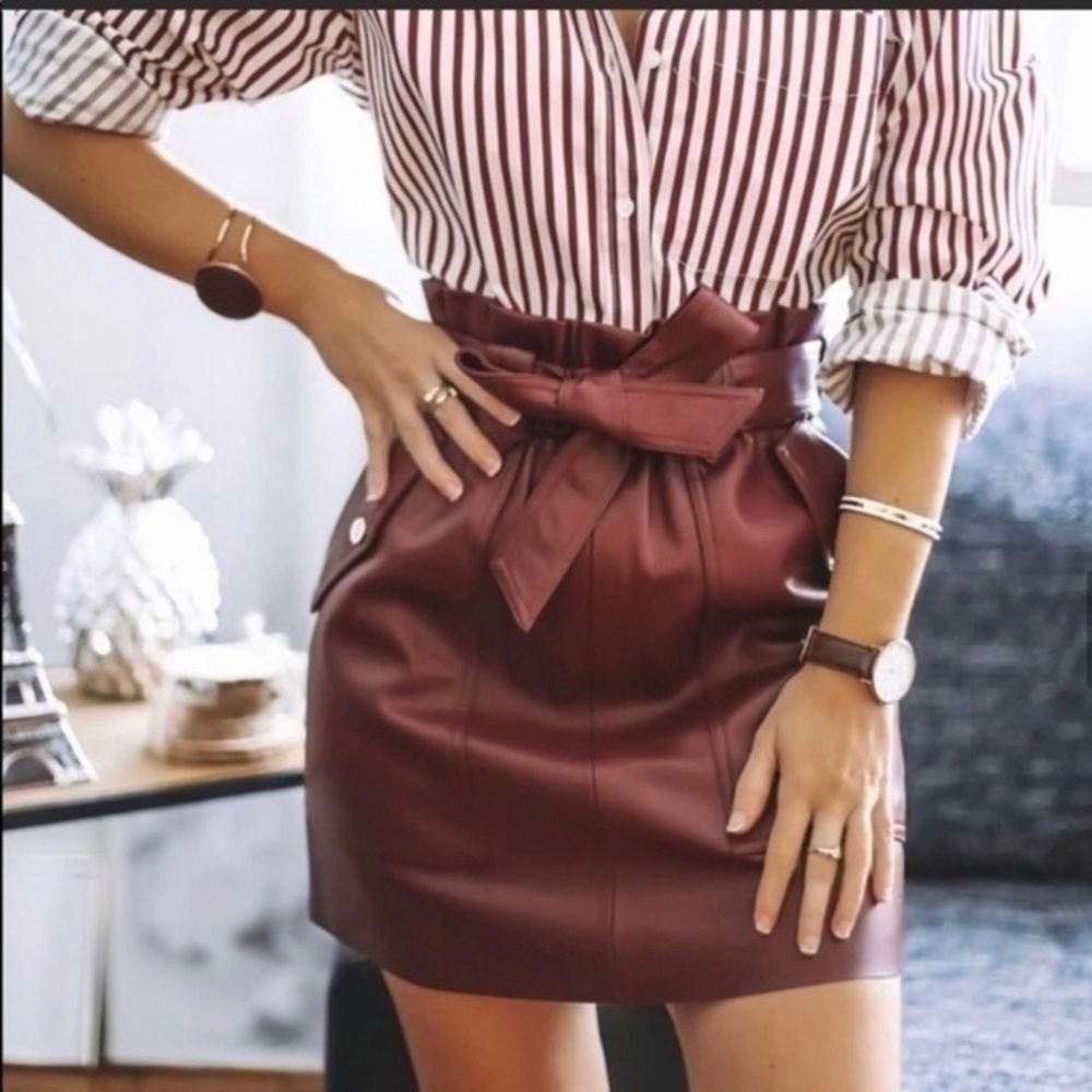 NWT Zara Burgundy Maroon Faux Leather Paperbag Waist Tie A-line Mini Skirt XS